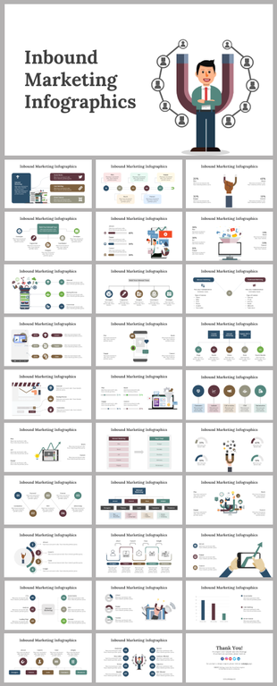 Collection of inbound marketing infographic templates featuring charts, graphs, and illustrations of marketing concepts.