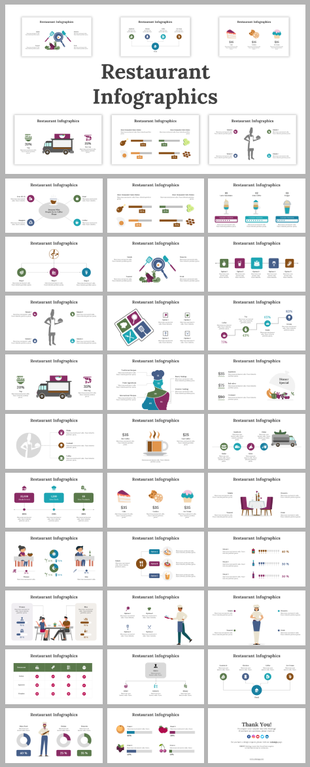 Restaurant infographic slides with illustrations of food items, sales data, and customer satisfaction metrics with icons.