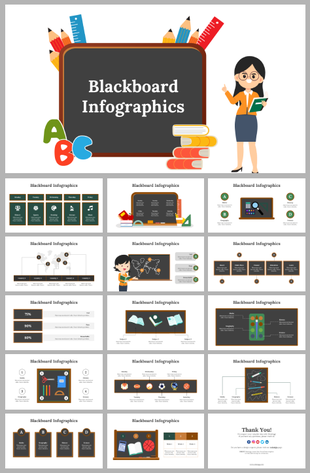 Slide deck featuring blackboard theme with various educational infographics, colorful visuals, and teaching elements.