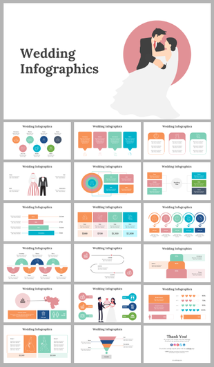 Infographic slides depicting wedding related statistics and data, including costs and trends with different layout designs.