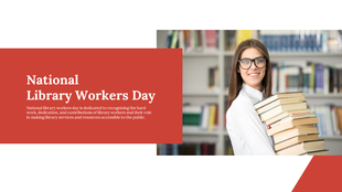 A library worker holding books smiles against a blurred bookshelf background, with title in a red section on the left.