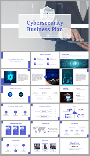 Cybersecurity business plan slides featuring purple accents, showing mission, vision, break even analysis, and target market.