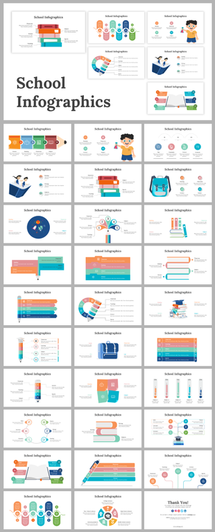 School infographic slide deck with graphics like books, students, and classroom elements and education-themed designs.