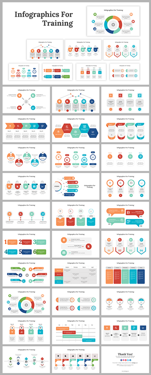 Collection of training infographic slides with colorful charts, flow diagrams, and icons illustrating training processes and steps.