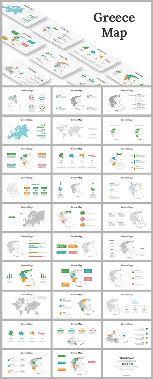 Slide deck with multiple Greece map variations, incorporating statistical data, regional highlights, and visual markers.