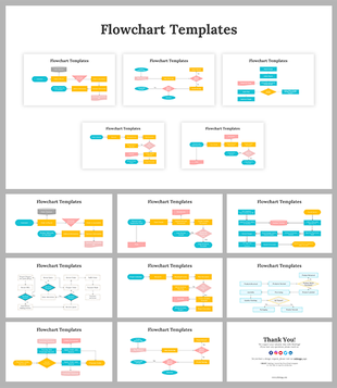 Colorful flowchart slides with multiple diagrams showing different process flows and decision points.