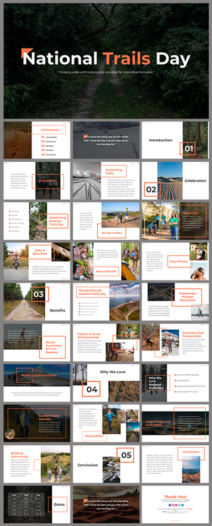 National Trails Day with trail photos, event ideas, community actions, and large orange framed titles.