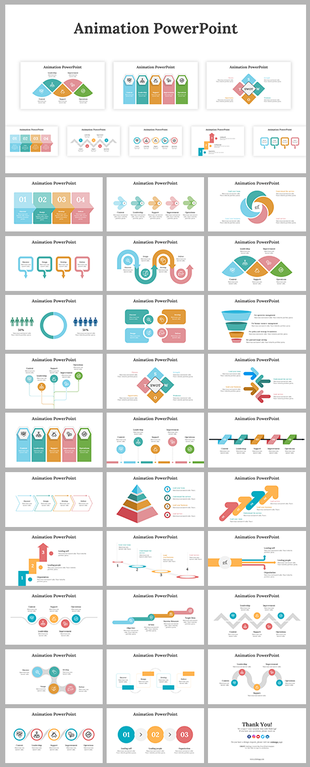 Animated infographics featuring pastel colored shapes like circles, hexagons, and arrows to illustrate processes and steps.