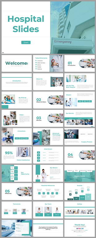 Professional Hospital presentation with teal accents, images of healthcare staff, modern facilities, and advanced technology.