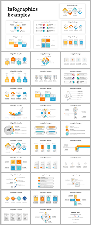 Infographic examples slides with various layouts, featuring colorful hexagons, arrows, and icons to represent data.