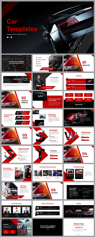 Modern car template design incorporating car visuals, red-themed highlights, and diverse business-related slides.