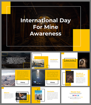 Presentation slides for International day for Mine Awareness, highlighting history, civil society roles, and awareness campaigns.