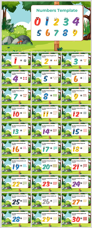 Numbers slide deck with illustrations, featuring questions to count various objects like balls, animals, and trees.