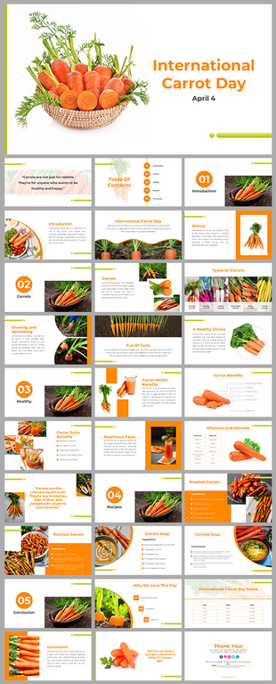 Comprehensive overview of International Carrot day slides, with sections on carrot types, nutritional facts, and celebrations.