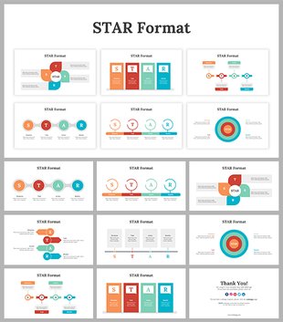 Slide set with STAR format visuals in orange, red, and teal, including icons, arrows, and segmented diagrams.
