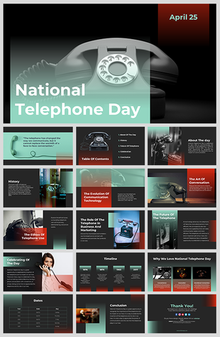 National Telephone day slides exploring the history and evolution of telephone technology from early phones to communication.