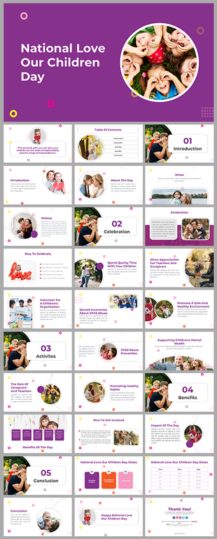 National Love Our Children Day presentation featuring slides on history, celebration ideas, and activities on a purple theme.