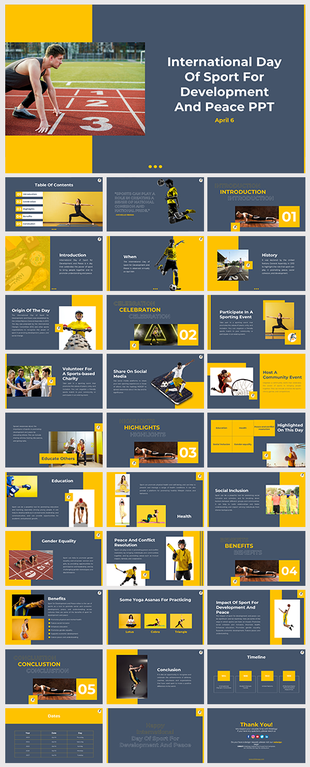 Comprehensive slides for the International day of Sport for Development and Peace, emphasizing sports' role in education.
