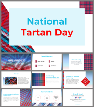 PPT slides featuring National Tartan day with a tartan background and sections on history, celebration, and importance.