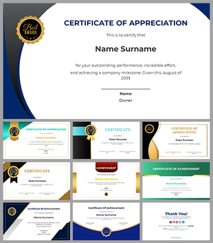 Certificate of achievement slides featuring various designs and layouts.