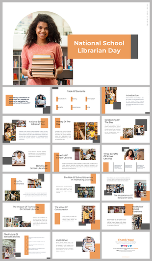 National school librarian day slide deck, covering topics like the history, role, and benefits of school librarians, etc.