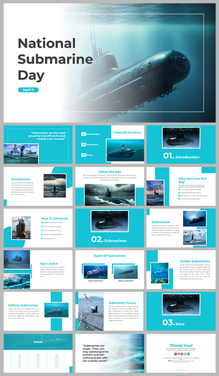 Slide deck with blue visuals, submarine photos, and sections covering the history, types and their uses.