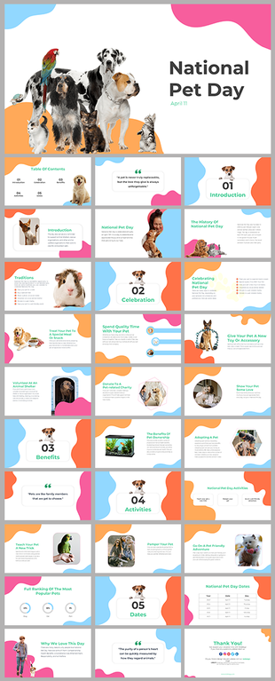 National Pet day slides featuring various pets, including dogs, cats, and a parrot, with a festive design.