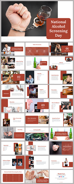 Slide deck overview for alcohol awareness campaign, including images and educational content in a white abd brown theme.