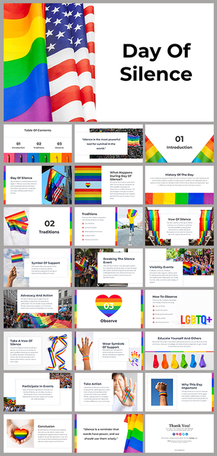 Slide deck themed around the day of silence, featuring rainbow accents, flags, and advocacy related imagery.