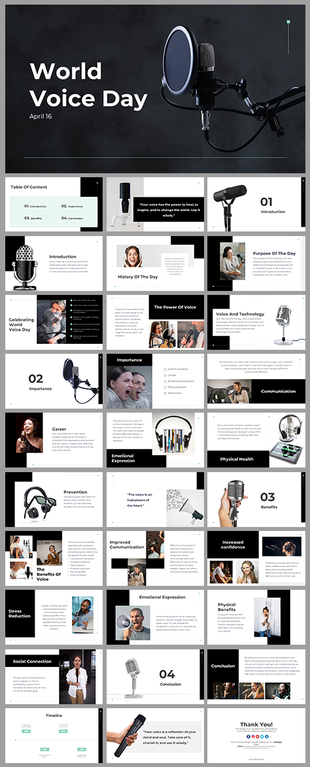 Slide deck featuring benefits of voice, and history, using images of microphones and speakers, with black accents.