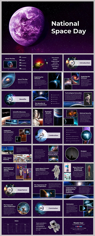 Slide deck on national space day, featuring vibrant galaxy images and discussing exploration and its importance.