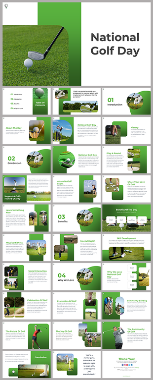 National Golf day slides with sections on history, benefits, celebrations, and the future of golf, featuring a green theme.