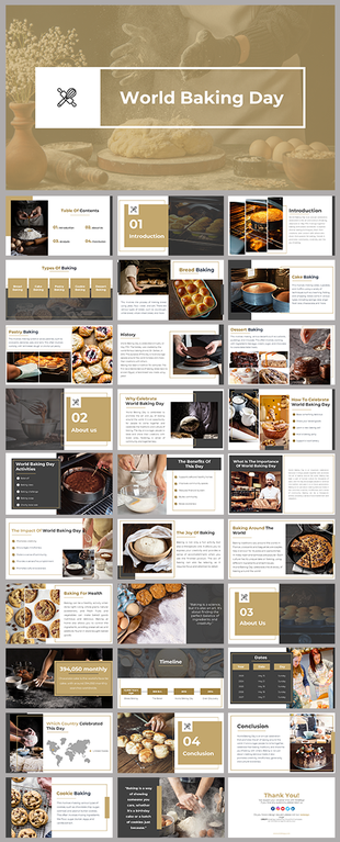 World Baking Day PPT featuring various slides with images of bread, pastries, and baking processes.