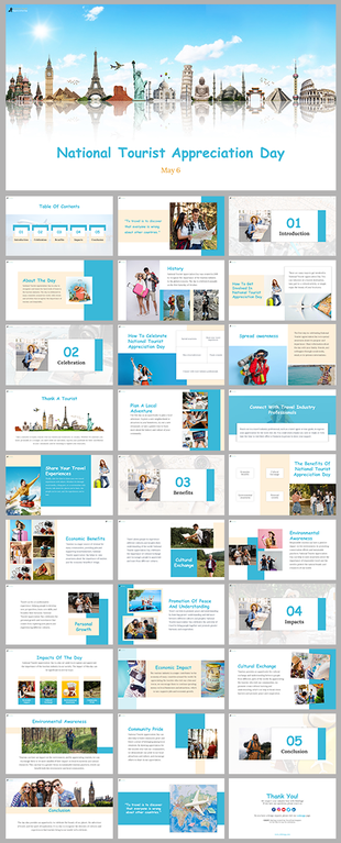 Travel themed slide deck featuring global landmarks, tourists, and tips on celebrating the day, with blue accents.