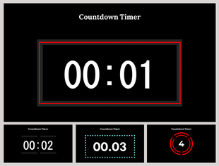 Slide deck featuring various countdown timer designs, including digital and circular formats with dark and vibrant colors.