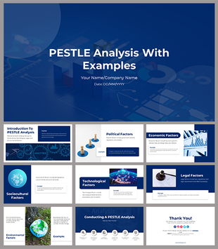 PESTLE analysis PPT slides with detailed slides on political, economic, technological, and legal factors on a blue theme.