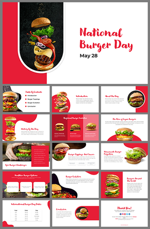 National burger day slide deck showcasing the rise of it, regional variations, toppings, and sauces with colorful photos.