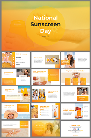 Orange and white themed slide deck with images, text areas, and various layouts emphasizing sunscreen awareness.
