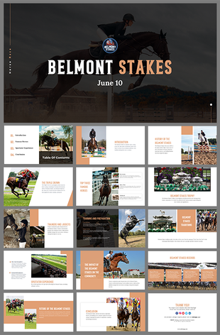 PowerPoint slide deck about the Belmont Stakes, featuring the Triple Crown, trainers, and race records.