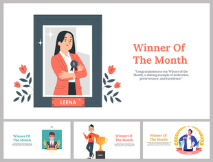 A pack of slides celebrating the winner of the month, featuring a portrait of Leena with a ribbon along with floral elements.