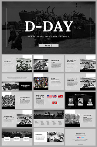 D day slide deck featuring key events and military leaders, using historical photographs, in monochrome theme.