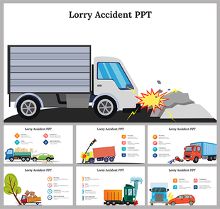 A pack of lorry accident slides with visuals of colored lorries and key points on road safety.