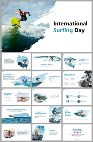 Surfing Day slide deck with ocean wave visuals, blue accents, and placeholders for history, benefits, and techniques.
