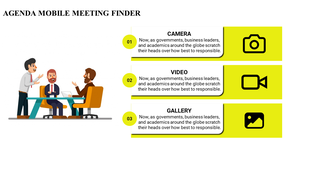 Slide featuring a business meeting graphic and three agenda points with yellow blocks and bold icons on the right.