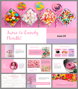 Candy Month slide deck with pink theme, candy visuals in jars and bowls, and placeholders for history, types, and trends.