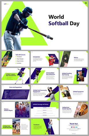World softball day slide deck with a green and purple theme, featuring images of players and sections on history and rules.