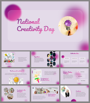 Slide deck for national creativity day covering topics like the power of creativity, creative thinking techniques.