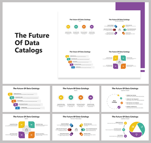 Data catalogs featuring flat icons, flowcharts, and clean diagrams in purple-accented layouts with numbered steps.