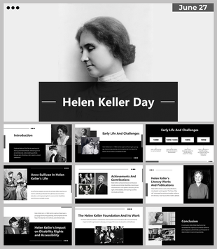 Monochrome slide deck with portrait of Helen Keller and outlining her life, challenges, and contributions.