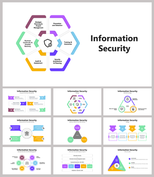 Slide deck featuring information security themes with colorful hexagons, triangles, and charts in purple, blue, and yellow.